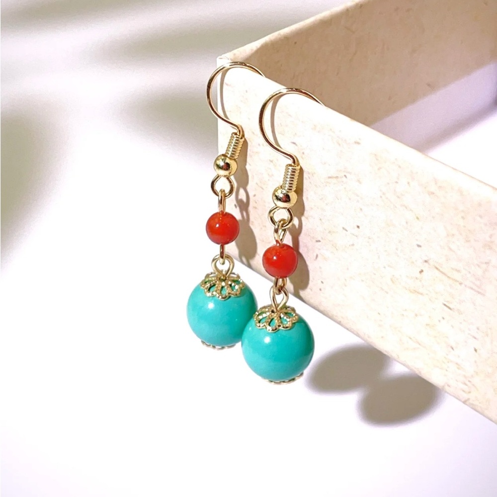 Emerald Harmony 10mm Green Red Agate & Turquoise Hook Earrings